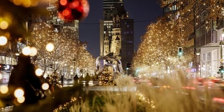 Christmas lights on the Kurfürstendamm  The Christmassy illuminated Kurfürstendamm in Berlin with the Memorial Church