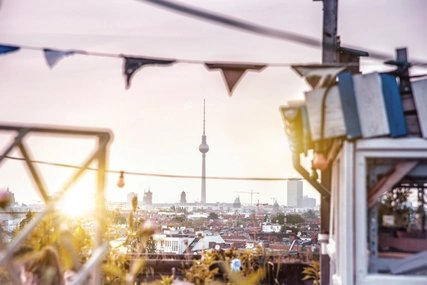 Sunset at Klunkerkranich View of the Berlin TV Tower from Club Klunkerkranich