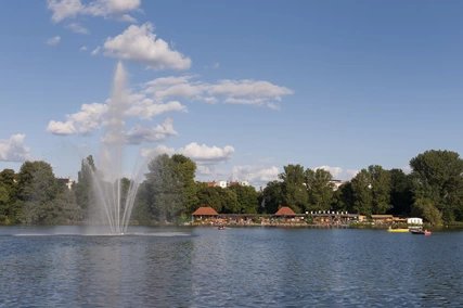 Lido Weissensee with water fountain in Berlin Lido Weissensee with water fountain in Berlin