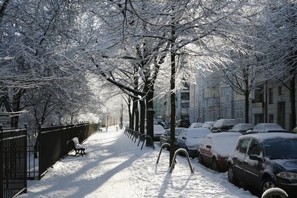 A residential street covered in snow, Berlin, Germany