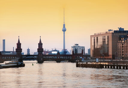 Berliner TV Tower behind the river Spree