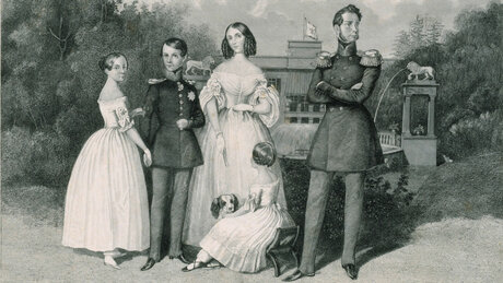 Nach Theodor Hosemann: Prinz Carl von Preussen mit Familie vor dem Schloss Glienicke, um 1842