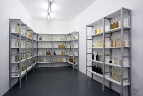 Archivansicht mit mit unterschiedlichen Flüssigkeiten gefüllten Flaschen in Regalen