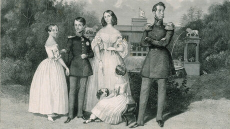 Nach Theodor Hosemann: Prinz Carl von Preussen mit Familie vor dem Schloss Glienicke, um 1842