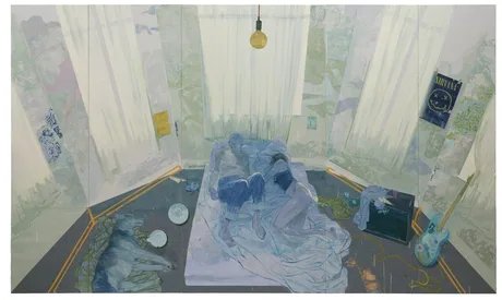 Altbau-Idylle, 2025 Öl und Collage (Mylar) auf Linoleum /  oil and collage (Mylar) on linoleum 280 x 470 cm Altbau-Idylle, 2025 Öl und Collage (Mylar) auf Linoleum /  oil and collage (Mylar) on linoleum 280 x 470 cm