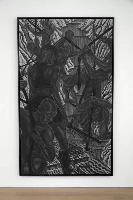 Toyin Ojih Odutola, Routine Inspection II, 2019, Pastell und Kohle auf Leinen über Dibond-Platte Toyin Ojih Odutola, Routine Inspection II, 2019, Pastell und Kohle auf Leinen über Dibond-Platte