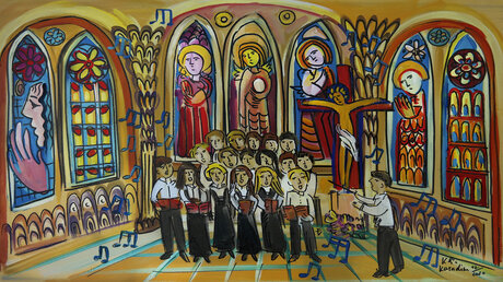 Chormusiker:innen in Kirche, gemalt