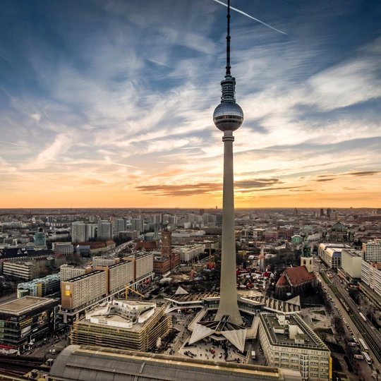 Television tower in Berlin Berlin television tower at sunset as panorama