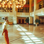 Bild von Besucherin mit VR-Brille in Aktion - "Cyberräuber - Palast der Erinnerung"