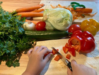 Hände schneiden eine bunte Auswahl an Gemüse