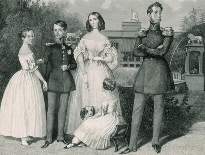 Nach Theodor Hosemann: Prinz Carl von Preussen mit Familie vor dem Schloss Glienicke, um 1842