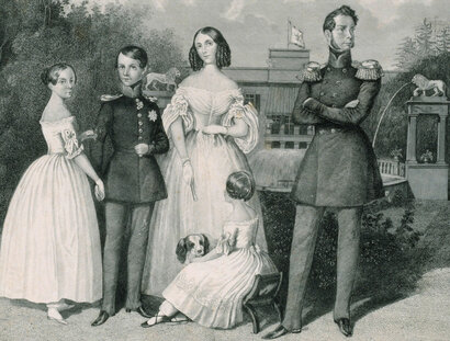 Nach Theodor Hosemann: Prinz Carl von Preussen mit Familie vor dem Schloss Glienicke, um 1842