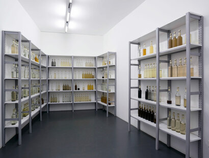 Archivansicht mit mit unterschiedlichen Flüssigkeiten gefüllten Flaschen in Regalen