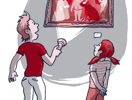 Illustration: Taschenlampenführung durch das Schlossmuseum Oranienburg: Ein Junge und ein Mädchen stehen vor einem Gemälde und leuchten es mit einer Taschenlampe an Illustration: Taschenlampenführung durch das Schlossmuseum Oranienburg: Ein Junge und ein Mädchen stehen vor einem Gemälde und leuchten es mit einer Taschenlampe an
