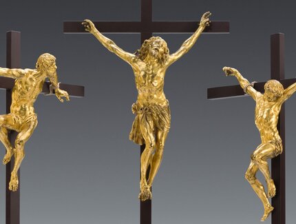 Georg Petel, Christus und die beiden Schächer, 1624/1626, Kupferlegierung, feuervergoldet