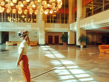 Bild von Besucherin mit VR-Brille in Aktion - "Cyberräuber - Palast der Erinnerung"