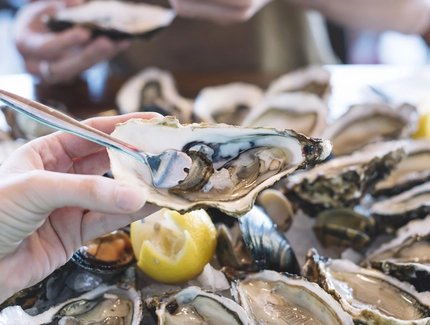 Man holding oyster, fork sticking in it