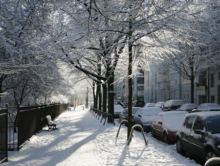 A residential street covered in snow, Berlin, Germany