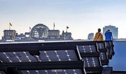 View of the Bundestag building in Beriln from the solar roof of the Futurium View of the Bundestag building in Beriln from the solar roof of the Futurium