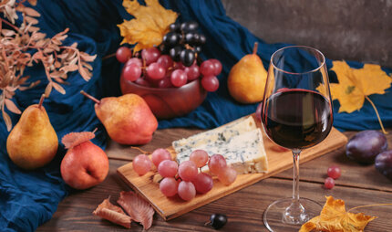 Wein mit Käse und Früchten